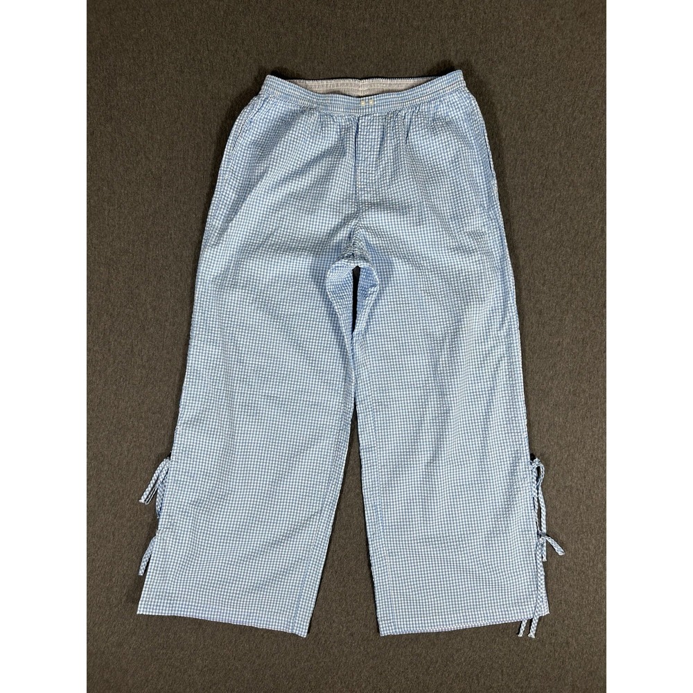 Aerie Gingham Seersucker Cropped Pants Women's Size S Blue White Tie Cuffs